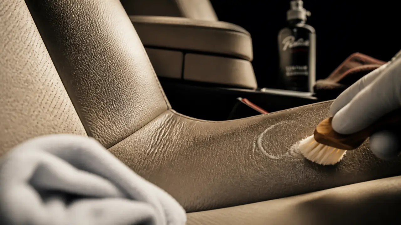 Nettoyage du cuir beige voiture avec microfibre et brosse douce