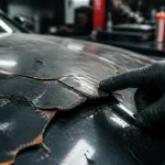 Peinture écaillée voiture : vernis terne, bords décollés et début de rouille
