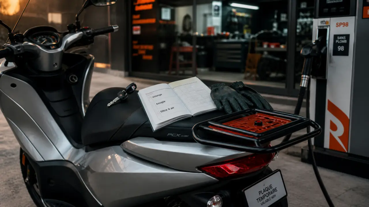 Scooter essence gris argenté devant atelier, carnet entretien et pompe SP98