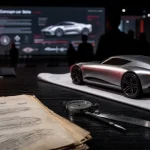 Concept car nouveaute en salle presse automobile, maquette métal brossé