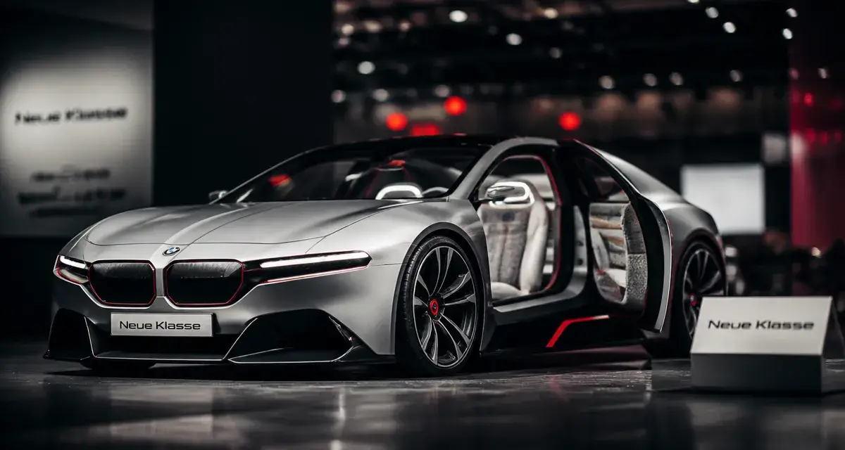 Concept car BMW électrique Neue Klasse, face trimaran, intérieur entrouvert