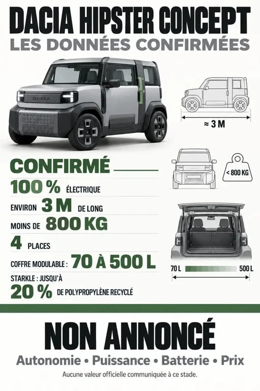 Infographie du Dacia Hipster Concept avec ses caractéristiques confirmées