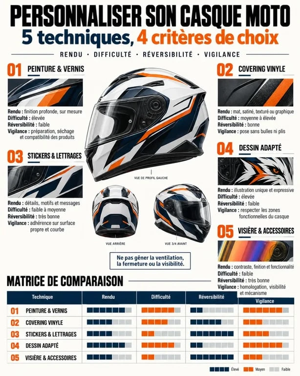 Infographie comparative des techniques de personnalisation de casque moto