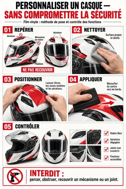 Étapes de personnalisation de casque moto avec respect des zones de sécurité