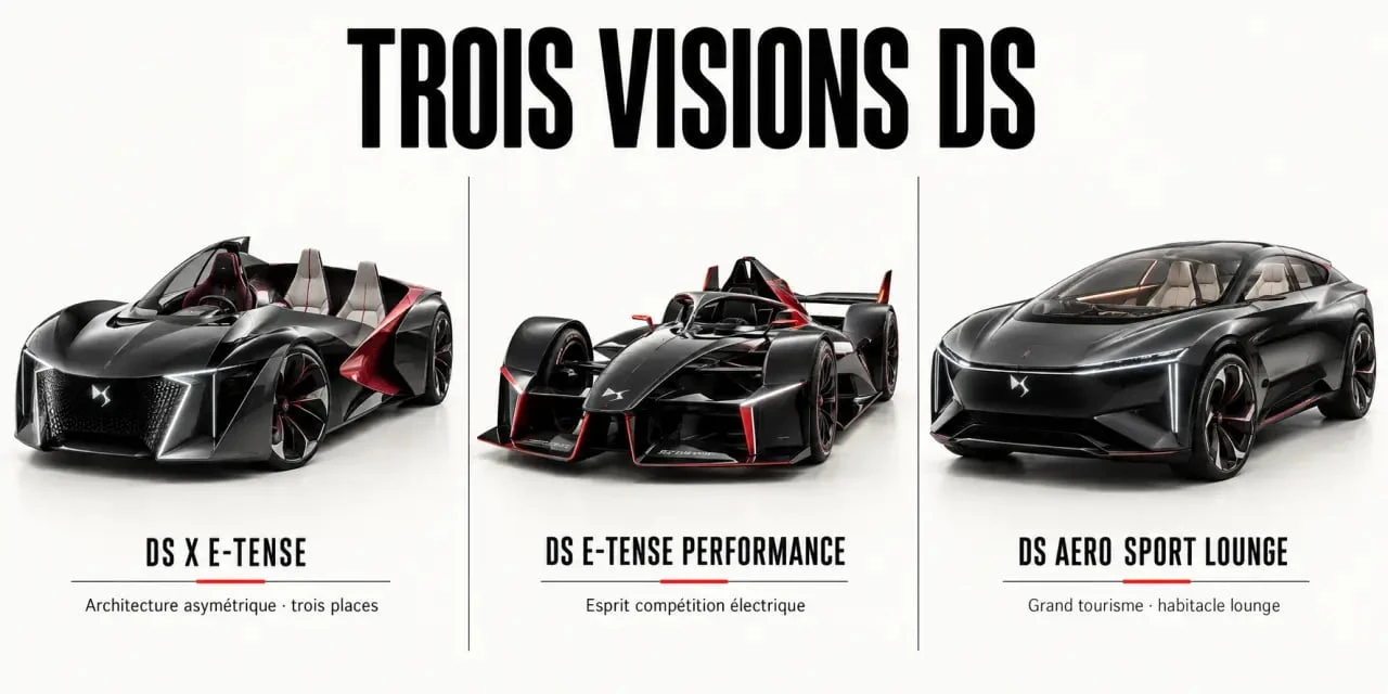 DS concept car : vue comparative de DS X E-TENSE, DS E-TENSE PERFORMANCE et DS AERO SPORT LOUNGE
