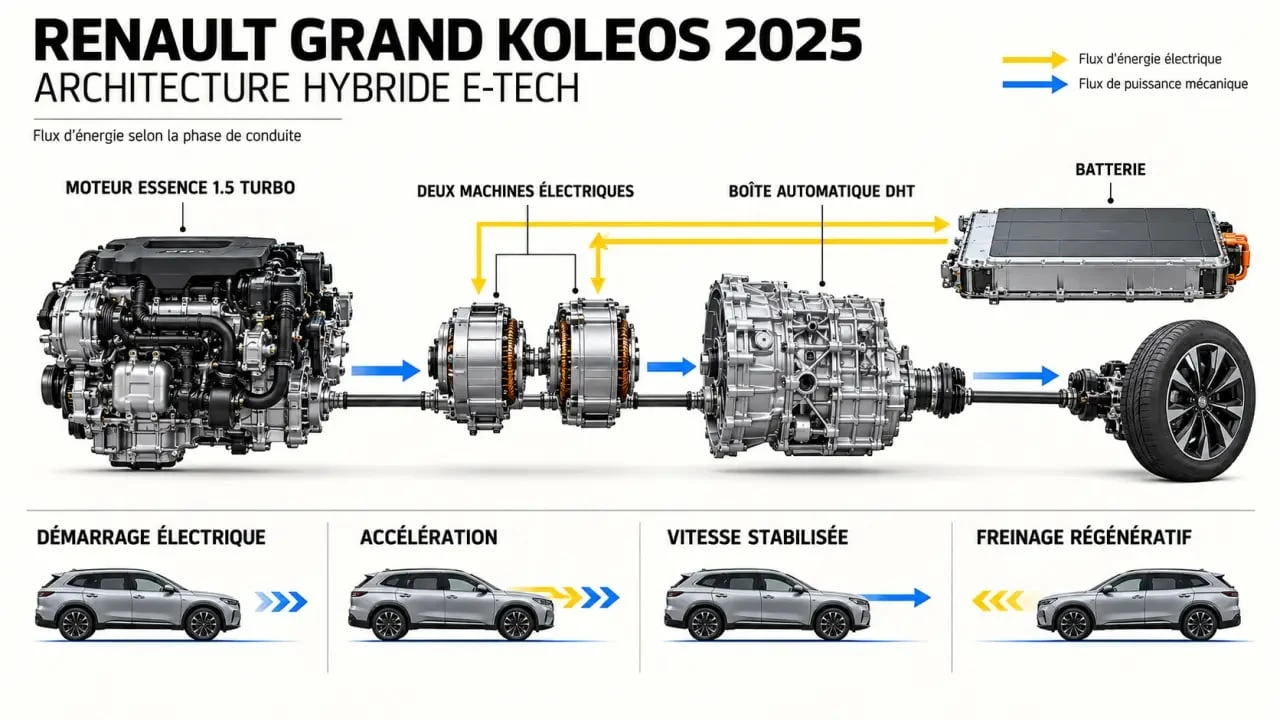 Schéma du système hybride E-Tech du nouveau Koleos 2025 avec moteur essence, moteurs électriques et boîte DHT