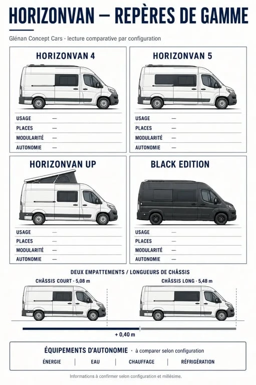 Infographie comparative des modèles glenan concept car HorizonVan 4, 5, UP et Black Edition