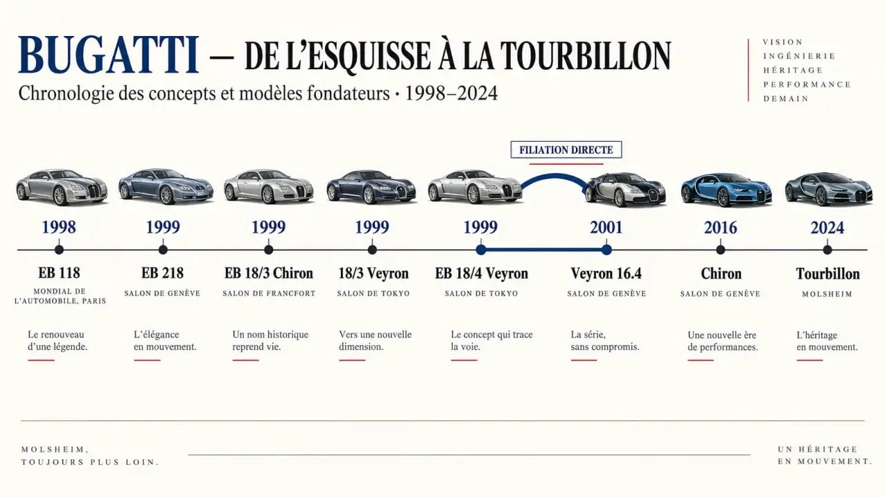 Infographie chronologique des concept cars Bugatti, de l’EB 118 à la Tourbillon