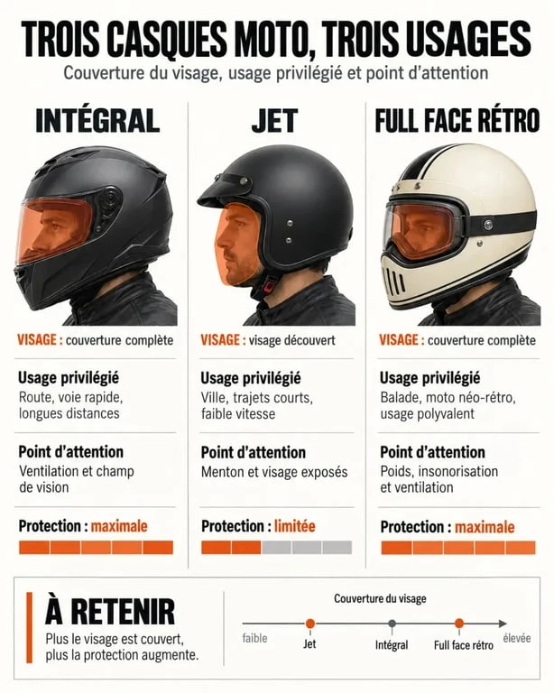Infographie sur les types de casque moto design intégral, jet et full face rétro