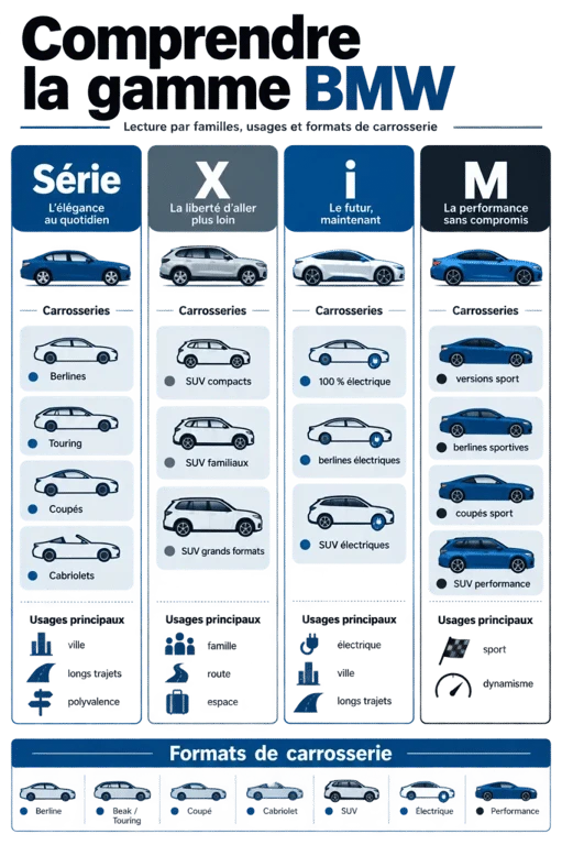 Infographie de la gamme BMW montrant les familles Série, X, i et M