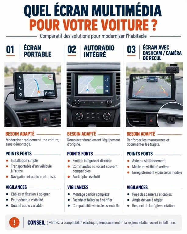 Infographie comparative des solutions d’écran multimédia voiture