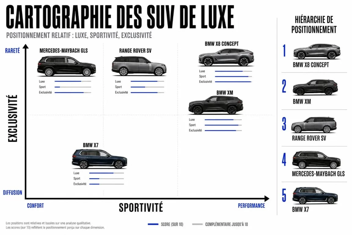 BMW X8 comparé au X7, au XM et à des SUV de luxe concurrents