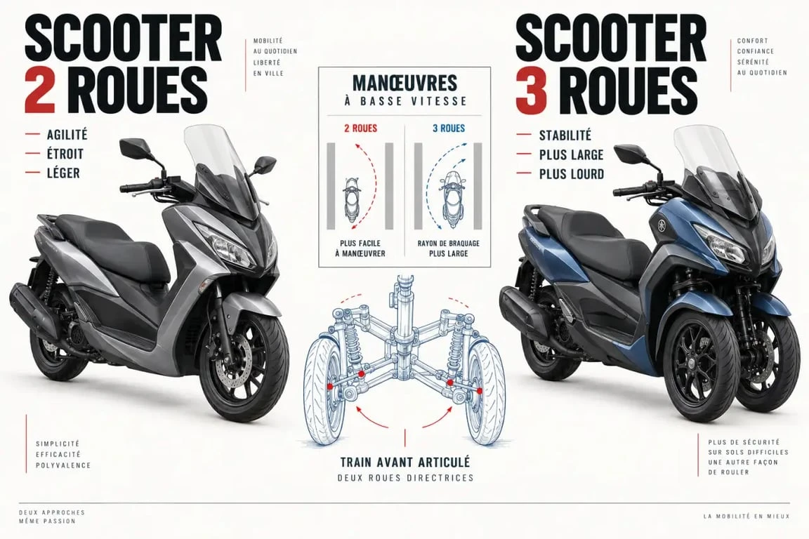 Scooter 2 roue avant : comparaison visuelle avec un scooter classique et explication du train avant