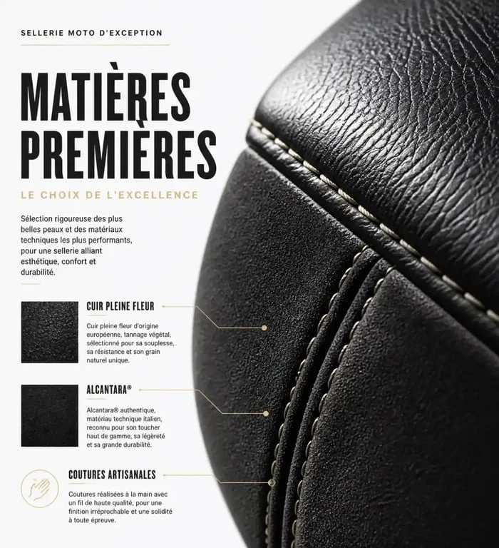 Détails des matériaux de personnalisation selle moto cuir et alcantara