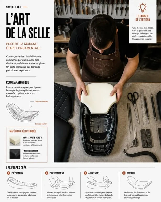 Processus de fabrication artisanale pour la personnalisation selle moto