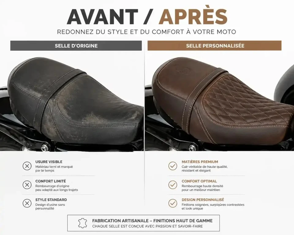 Comparatif avant après de personnalisation selle moto avec cuir premium et surpiqûres