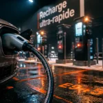 Recharge ultra-rapide voiture électrique : câble connecté sur station 800V