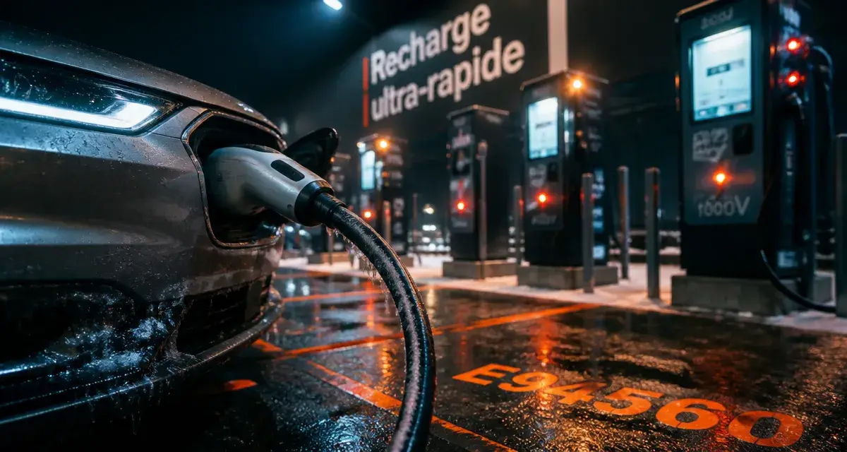Recharge ultra-rapide voiture électrique : câble connecté sur station 800V