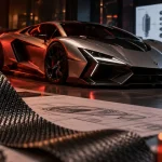 Concept car lamborghini futuriste en studio, vue 3/4 avant basse.