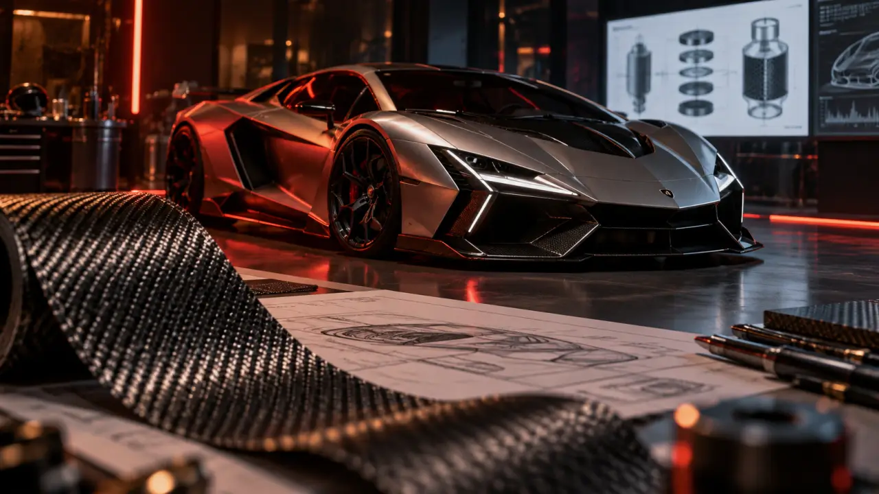Concept car lamborghini futuriste en studio, vue 3/4 avant basse.