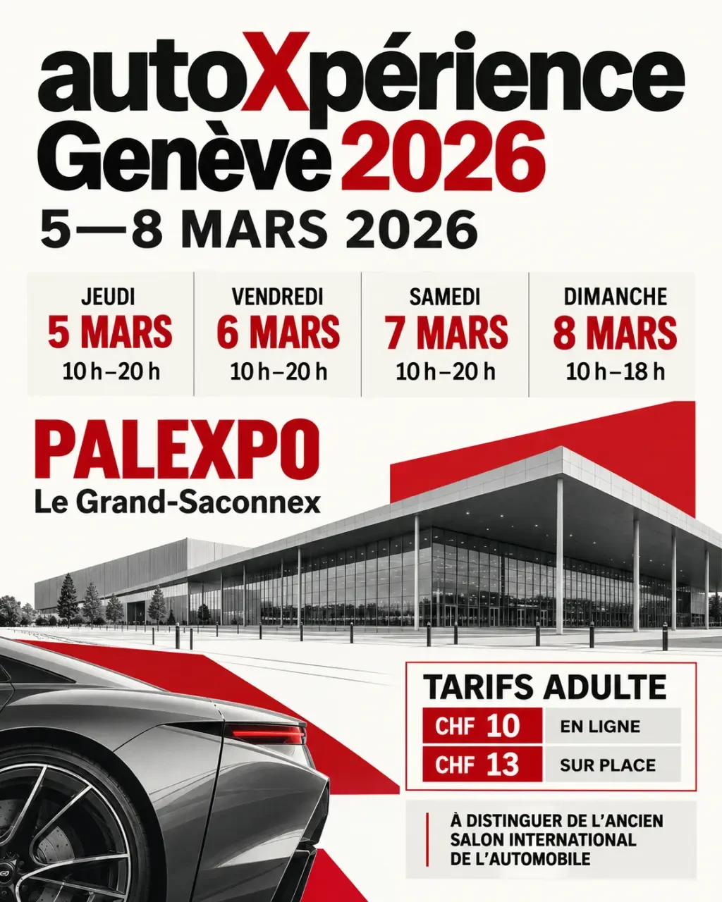 Infographie du salon automobile Genève 2026 autoXpérience avec dates, horaires et tarifs à Palexpo