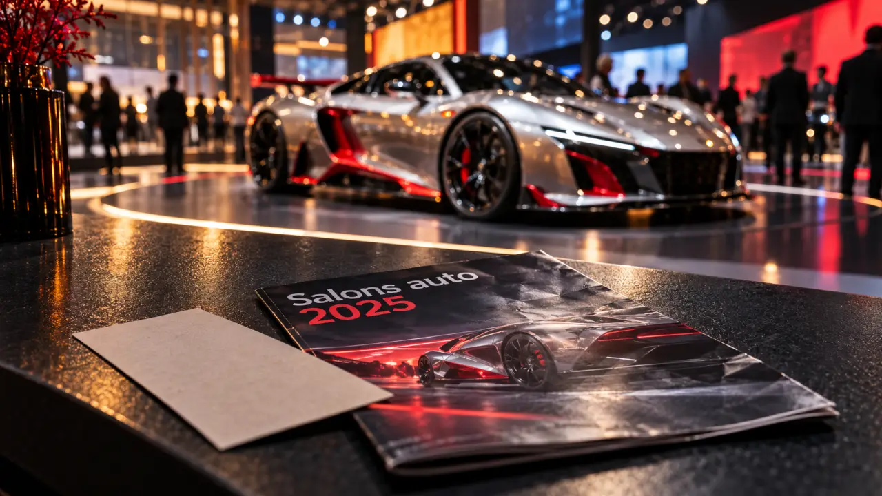 Salon automobile 2025 en salle d’exposition : hypercar et visiteurs floutés