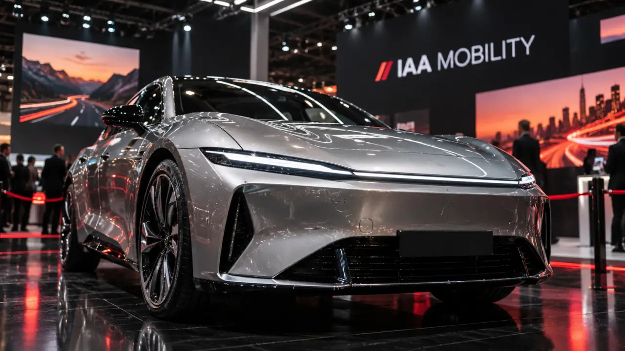 Salon automobile munich : hall IAA Mobility avec véhicule électrique argent